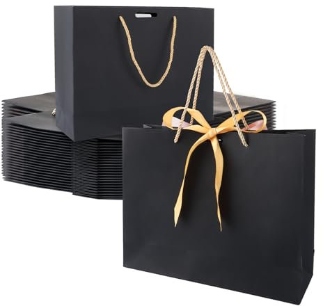 MIVIDE Geschenktüte Schwarz Set 24 Stück Schwarz Geschenktasche mit Gold Schleifenbändern 30 x 10 x 25 cm, Geschenktüten Groß mit Henkel für Hochzeits, Weihnachten, Partyfeiern, Geschenke