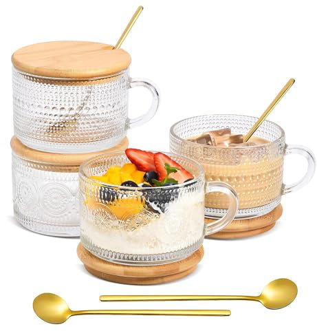 4er Groß Kaffeetassen Set, Kaffeetasse Glas Vintage, Tasse 400ml mit Deckel und Löffel, Müslischalen mit Henkel, Frühstückstasse, Glas Tassen Set für Cappuccino, Latte, Müsli, Milch