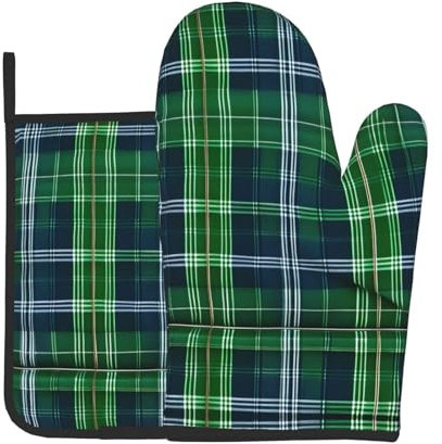 Set di 2 guanti da forno e presine in tartan scozzese blu, guanti da cucina resistenti al calore, per cottura al forno, barbecue, decorazione domestica