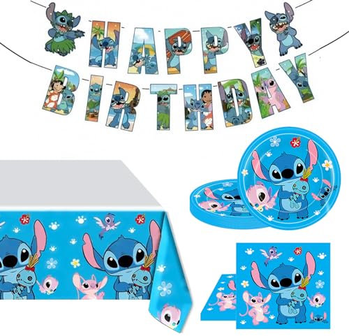 POPOYU 46Pcs Stitch Birthday Party Tableware Set, Stitch Party Tableware, Tablecloth,9inch Paper Plates, Napkins, Happy Birthday Banner for Kids Birthday Party Decoration Lilo Stitch Party Supplies