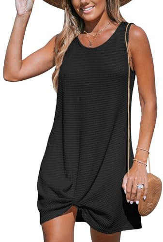 CUPSHE Women's Swimsuit Coverup Sleeveless Waffle Knit Swimwear Beach Cover Ups Twisted Mini Dress Black L