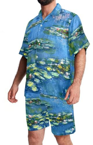 FNETJXF Set hawaiano da uomo, set da 2 pezzi per uomo, abiti da vacanza da uomo, pittura a olio, stagno con ninfee, abiti estivi da uomo, modello 1409, XL
