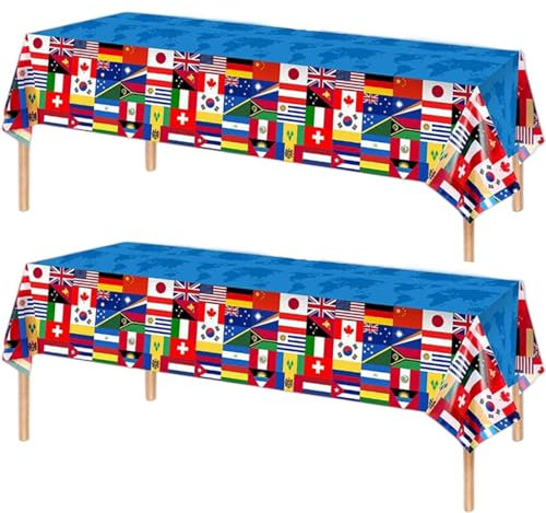 Lot de 2 nappes de fête avec drapeau international pour décorations olympiques, 130 x 220 cm, nappe en plastique pour fête olympique, drapeau des nations, décoration de fête