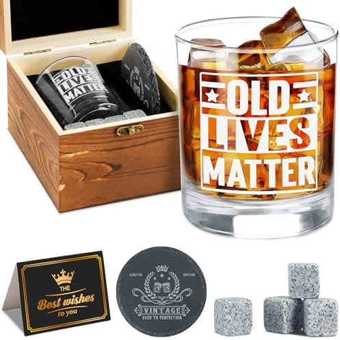 Amosking Old Lives Matter Whiskey Gifts Set for Men, Funny Unique Birthday Retirement Gifts for Him, Dad, Husband,Grandpa-11Oz Old Fashioned Whiskey Glass & Wood Box & Coaster & Stone