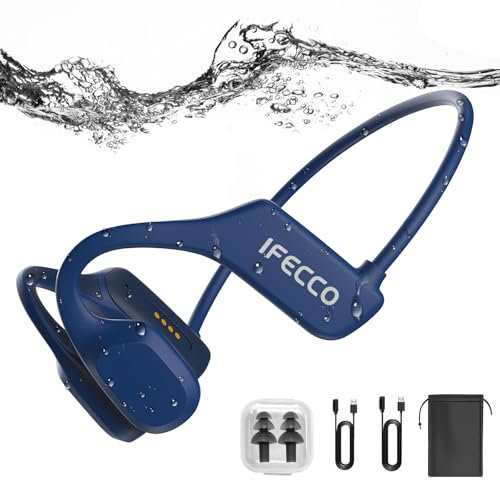 IFECCO Auriculares Natación Bluetooth 5.3 - IP68 Resistente al Agua, Conducción Ósea para Piscina, Abiertos con Micrófono y 8G Mp3 para Nadar, Correr y Ciclismo