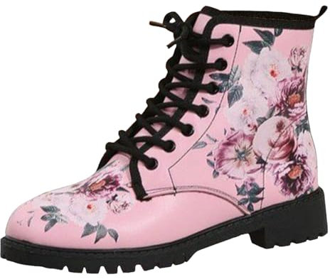 Stivali da donna Punta tonda Tacco largo Stivaletti con plateau gotico Stivali da combattimento da motociclista punk stringati Stivaletti corti in pelle con stampa multicolore