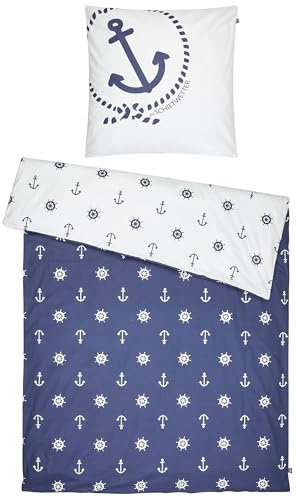 SCHIETWETTER Accessoire Bettwäsche Steuer & Anker 135x200, 2teilig Bettbezug, Bettwäsche-Set, maritimer Wendebezug, 100% Baumwolle