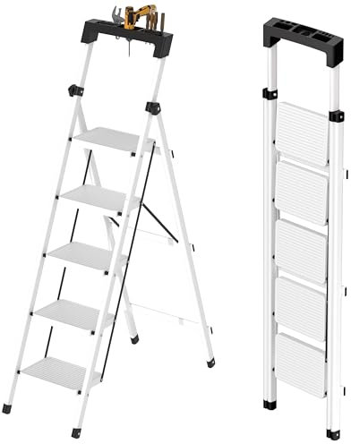 JOISCOPE 5 Step Ladder with Handrail & Tool Stand, 180 KG Load Capacity Folding Step for Adults, Sturdy & Lightweight Folding Stool, Anti-Slip Pedals for Home, Kitchen, White Ladder