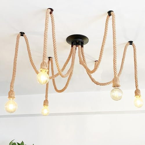 FIVMEN Retro Hanfseil Industrie Kronleuchter 5 Köpfe Vintage Pendelleuchte DIY Industriestil Hängeleuchte Deckenleuchte für Wohnzimmer Restaurant Halle Stab Café, Nicht Enthalten E27 Glühbirne