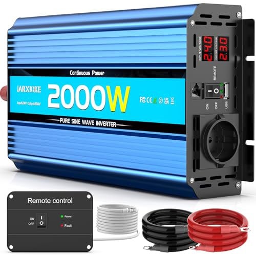 2000W Wechselrichter 24V auf 230V Reiner Sinus Spannungswandler Power Inverter DC Umwandler mit Fernbedienung,AC-Steckdosen,USB-Anschlüsse und Bildschirm LED für Wohnmobil Kfz
