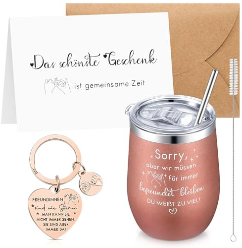Yaryang Geschenkset für Beste Freundin Thermobecher Schlüsselanhänger | Freundschaft-Thermobecher, Mit Deckel und Strohhalm, Schlüsselanhänger, Grußkarte und Umschläge, Zum Geburtstag, Weihnachten