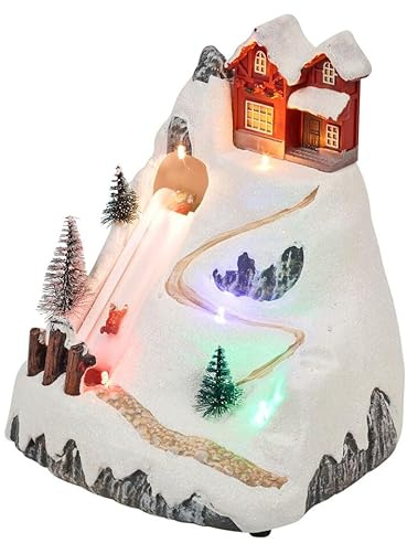 URBNLIVING Illuminated Christmas Scene Animated Winter Snow Ski Mountain Decoration with LED Light Reusable Tabletop Xmas Decorations Gifts for Adults Kids Holiday