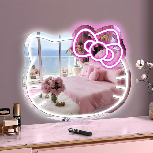 inShareplus Miroir de courtoisie avec panneau néon Anime Hello Kit - 40,6 x 35,6 cm - Motif chat mignon - 5 V - USB - Intensité variable - Cadeau pour adolescente - Décoration de chambre, coiffeuse