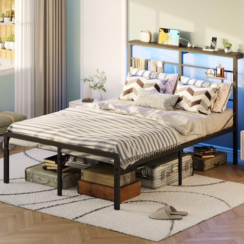 Bestier Metal bed frame with height adjustable feet, 5ft King Bed Frame with LED Lights and Charging Station, No Box Spring Needed, Noise Free, Easy Assembly (Black, 150x200cm)