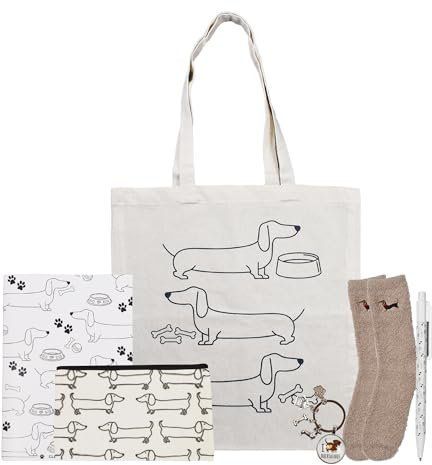Dachshund Gift Set for Women & Men - Sausage Dog Gift Hamper. Bundled with Socks, Notepad & Pen, Keyring, Makeup Bag, Tote Bag