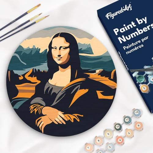 Figured'Art Malen nach Zahlen für Erwachsene auf einer Holzscheibe von 30 cm Durchmesser - Mona Lisa - Paint by Numbers Basteln DIY Bastelset