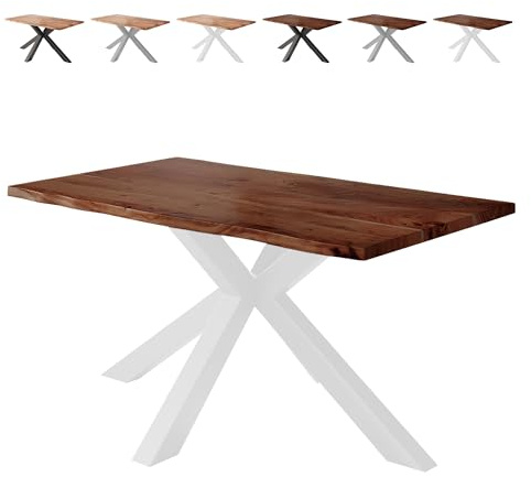 Loreno Esstisch 140×80×77cm Vento Akazie Nussbaum – Spider-Gestell Weiß | Massiver Akazienholztisch nussbaumfarben mit 26mm starker Tischplatte – Perfekt für Esszimmer und Küche