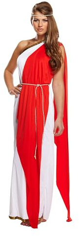 HENBRANDT Langes Kleid für Erwachsene, römische Dame mit rotem Schal und Kopfbedeckung, bodenlang, weißes Toga-Kostüm, alte Geschichte, Verkleidungsanzug, Einheitsgröße, Damen-Kostüm