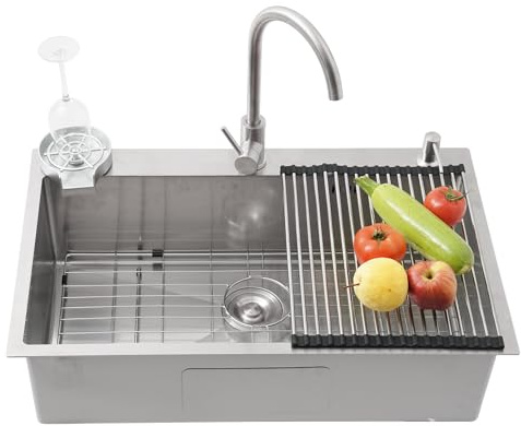 Nano Lavandino Argento, Lavello Cucina 1 Vasca, Grande Lavabo Cucina In Acciaio Inox Finitura Nanotecnologica,Vasca Singola Con Kit Di Scarico, Da Appoggio O Filotop(Silver-a,80x50cm)