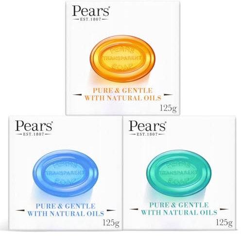 Pears Pure & Gentle Transparent Soap Bar 3 Pack (125g Each) – Natural Oils, Mint Extracts & Lemon Flower Extracts