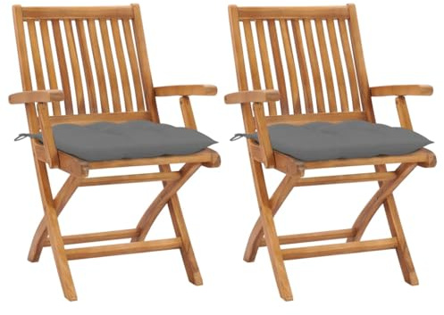 Qnhdfrt 2er Set Gartenstuhl Teakholz klappbar mit grauem Sitzkissen 56x58x88 cm modernes Design Balkonstuhl Campingstuhl platzsparend für Garten Balkon und Outdoor Lounge