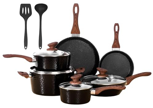 DishDelight 12pcs Induction Hob Pan Set Hammered Pots and Pans Sets Non Stick Saucepan Set Frying Pan Kitchen Cookware Cooking Pot with Lids