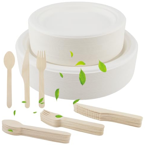 Xbessc Pappteller Set Paper Plates aus Zuckerrohr 250 Stück | Umweltfreundlich Biologisch Einwegteller und Besteck aus Holz für Grillfest Camping Picknick oder Party