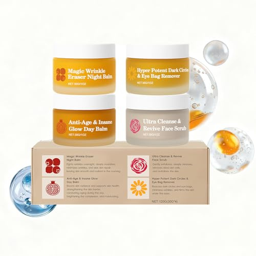 Anti-Aging-Hautpflege-Set für reife Haut, 4-in-1-Gesichtsbalsam-Set mit Granatapfelkernöl, Süßmandelöl und Sanddorn-Extrakt, feuchtigkeitsspendend, straffende Tages- und Nachtcreme, Augencreme und