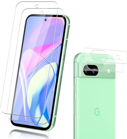 2+2 pièces Verre trempé pour Google Pixel 8a, 9H Ultra-Résistant, Anti-Rayures & Anti-Trace, 100% sans Bulles Protection écran, Haute Sensibilité, Haute définition Caméra Arrière Vitre Protection