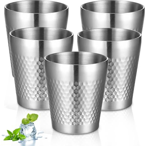 PORFOYO 5 Stück Edelstahlbecher, 300ml Stapelbar Metallbecher, Edelstahltasse Doppelwandig Metall Trinkbecher, Edelstahl Becher, Camping Becher, Bruchsicher Trinkbecher für Zuhause Outdoor Restaurant