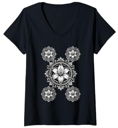 Femme Fleurs de lys Style Mandala Vintage Ornement Floral T-Shirt avec Col en V