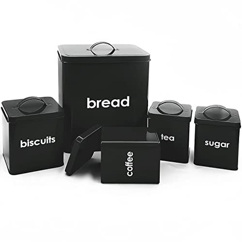 Denny International® 5 Piece Kitchen Storage Includes Bread Bin Biscuit Tea Coffee Sugar Caddy Tins Containers Canister Storage Jars Pots Set (Black)