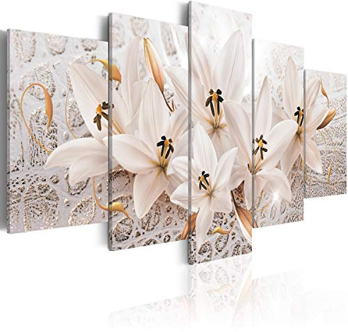 B&D XXL - Tableau décoratif nature 200x100 cm - Impression sur toile colorée - Décoration murale pour salon et chambre - Abstraction beige fleurs lys nature ornements plantes fond b-A-0326-b-n