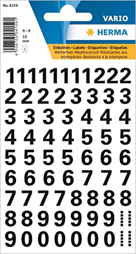 HERMA 4159 Zahlen Aufkleber schwarz 0-9, 710 Stück, Schriftgröße 10 mm, selbstklebend, wetterfest, klein, Nummer Ziffer Klebezahlen Sticker Hausnummern aus Folie zum Aufkleben, transparent