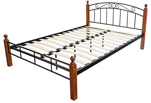 Homestyle4u 548, Metallbett 140 x 200 Mit Lattenrost, Bettgestell Metall, Pfosten Holz Braun