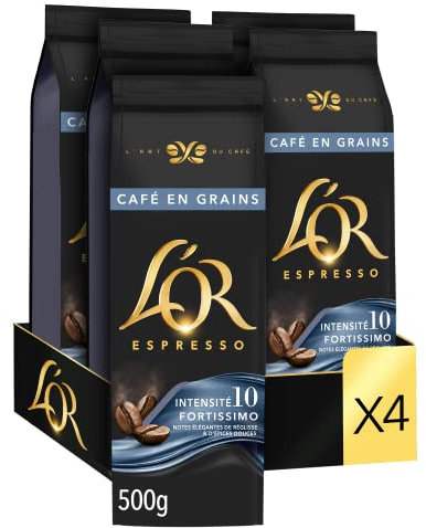 L'OR, 2kg Café en Grains Fortissimo, 100% Arabica, Intensité 10, 4x500g