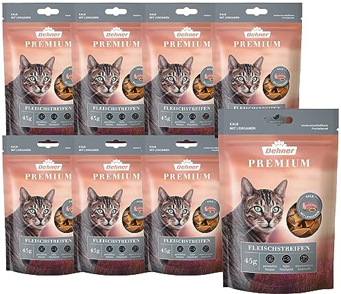 Dehner Premium Katzensnack, Leckerli glutenfrei / getreidefrei, Fleischstreifen für Katzen, Kalb / Leinsamen, 8 x 45 g (360 g)