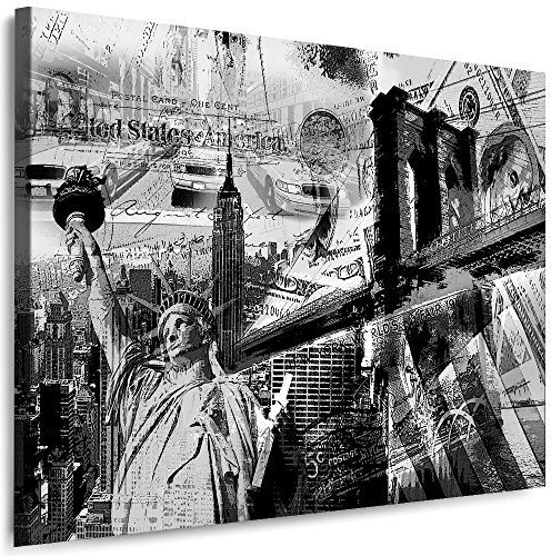 Julia-Art Leinwandbilder Skyline - New York Bilder - XXL Wandbild mit Keilrahmen - 70 mal 50 cm - Querformat 1 teilig Kunstdrucke Stadt NY City Statue, Brücke Wandbild Abstrakt N-c-100-a-80