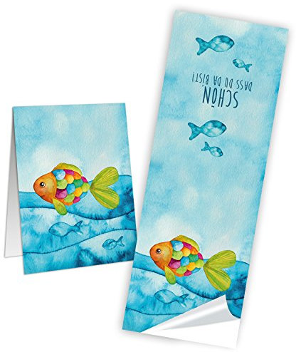 Logbuch-Verlag 10 Fische Aufkleber SCHÖN DASS DU DA BIST Kinder Regenbogenfisch Tischdeko Kommunion Geburtstag Schulanfang Fest 5 x 14,8 cm Sticker Banderole give-away