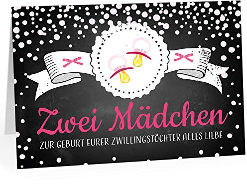 Große XXL Design Geburtskarte zur Geburt/Zwillinge/Klappkarte/mit Umschlag / A4 / Zwei Mädchen Rosa Schnuller/Baby geboren/Grußkarte zur Gratulation Eltern
