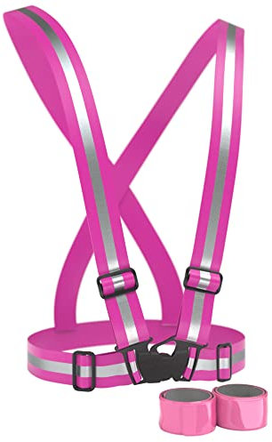 EAZY CASE Reflektoren 3 in 1 Set, 2X Reflektorband und Gurt Reflektorweste flexibel einstellbar, reflektierendes Schnapparmband, Sicherheitsarmband, Warnweste mit Reflektorstreifen, Neon Pink