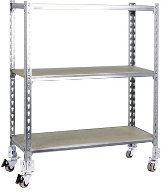 Simon Rack Metallregal mit Rollen 975x1000x500 mm - Maderclick | 3 Höhen, Holzablage, Biegepunkt 75 kg, Korrosionsschutzlackierung, Klicksystem-Montage, Verzinkt