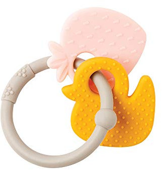 Nattou Beißring aus Silikon, Erdbeere und Ente, BPA-frei, 8 x 10 x 4 cm, Silicon, Beige/Rosa/Ocker