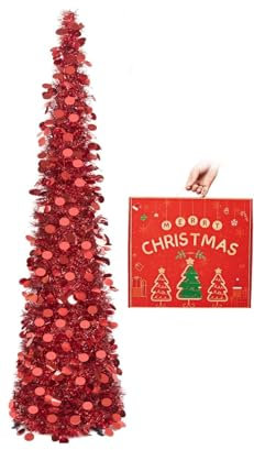 N&T NIETING Albero di Natale, 5ft pieghevole Pop Up Albero di Natale rosso Tinsel Coastal Albero di Natale per le decorazioni natalizie di Natale di festa, Home Display, Office Decor