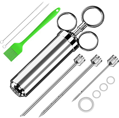 Nifogo Meat Injector Syringe Kit, Stainless Steel Marinade Flavor Injector Kit with 3 Needles, Turkey Baster Food Syringe for BBQ, Baking, Turkey and Cooking, Free silicone brush (Silver)