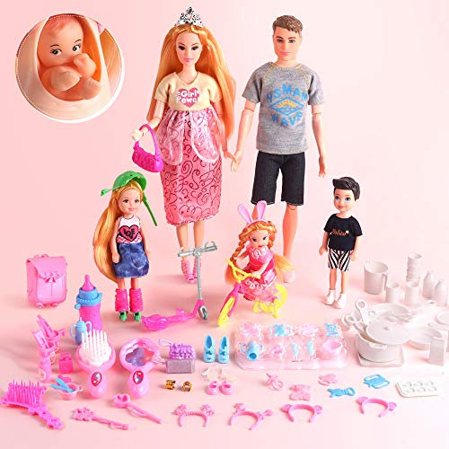 UCanaan Famille Poupées Ensemble 6 Personnes avec Papa Maman Enceinte 3 Enfants et Bébé Garçon dans Le Ventre Maman et 70 Pièces Accessoires pour l'éducation et Cadeau Jour d'anniversaire