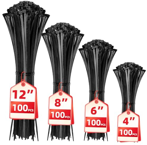 Cable Zip Ties,400 Pack Black Assorted Sizes 12+8+6+4 Inch,Multi-Purpose Self-Locking Nylon Cable Cord Management,Plastic Wire Ties for Home,Office,Garden,Workshop. By HAVE ME TD