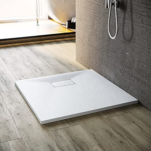 SONNI Duschwanne 80x80 cm Schieferoptik und Rutschfeste Struktur Weiß Superflache Duschwanne Inklusive Siphon