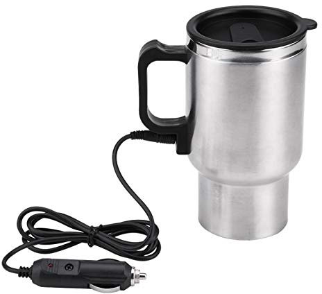 Mug de voyage chauffant + bouilloire de voiture, bouilloire électrique 12 V avec adaptateur de chauffage allume-cigare en acier inoxydable pour eau chaude, café, thé (450 ml)