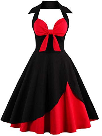 IWEMEK Femmes Vintage Retro Robe Trapèze Rockabilly à Fleurs Années 1950 50 60 Audrey Hepburn Style Dos Nu Encolure Coeur Robe de Cocktail Soirée Fête L'été Casual Habillée Robes Noir+Rouge 4XL